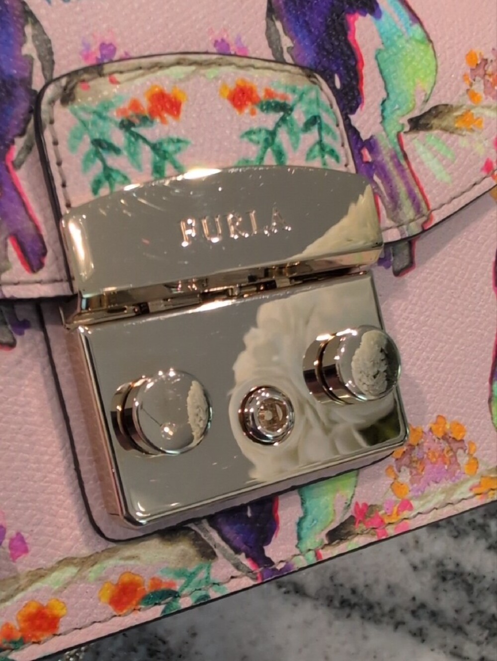 Furla Pink Watercolor Bird Mini Crossbody with Gold Chain - Picture 7 of 11